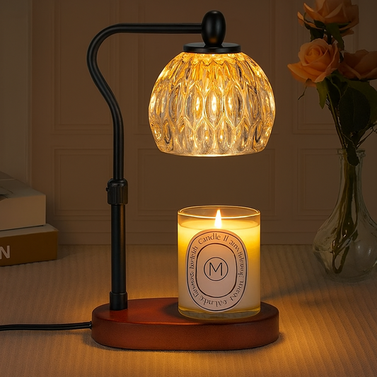 Glass lamp softly lighting a candle