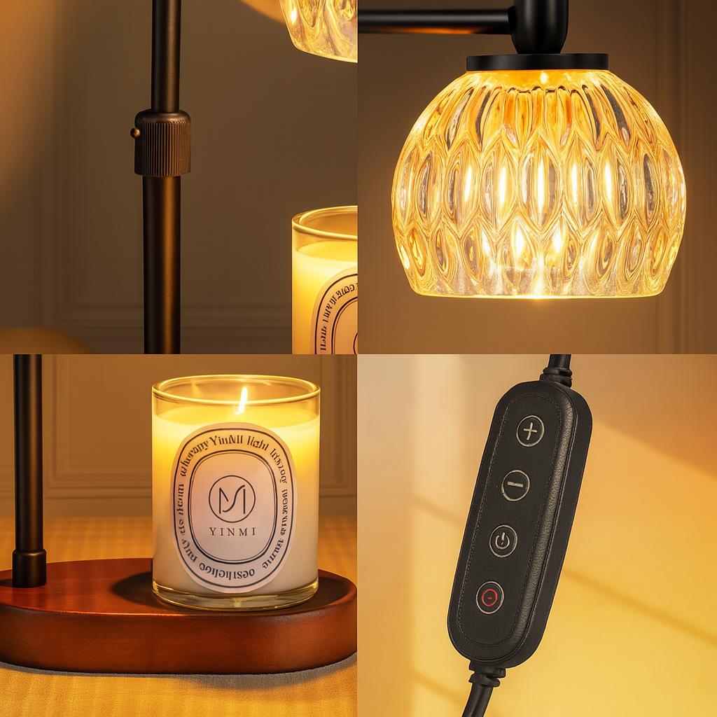Collage of a candle, lamp, and control panel with a warm glow.
