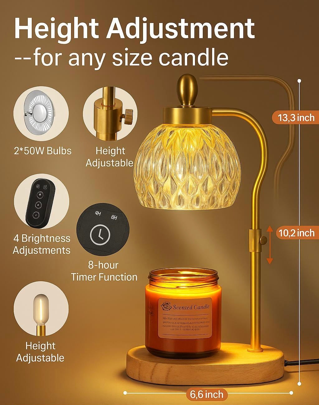 Table lamp with candle holder featuring height adjustment and timer function on a brown background